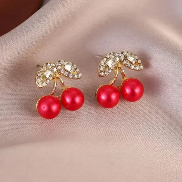 Elegant Red Cherry Faux Pearl and Rhinestone Earrings New Without Tags - Picture 2 of 6